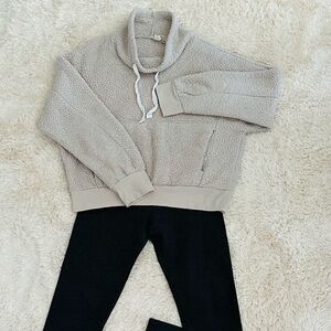 Cozy Beige Sherpa Hoodie and Black Leggings Set
